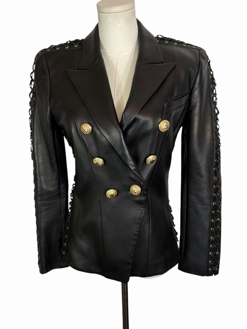 BALMAIN BLACK LAMBSKIN LEATHER JACKET W/ SLEEVE LACING DETAIL SZ 38 GORGEOUS